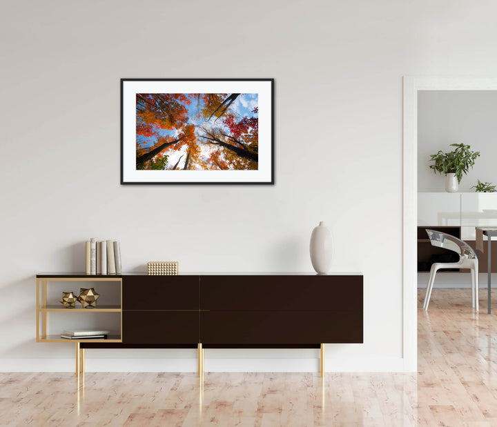 Framed artwork of trees against a blue sky in a modern living room.