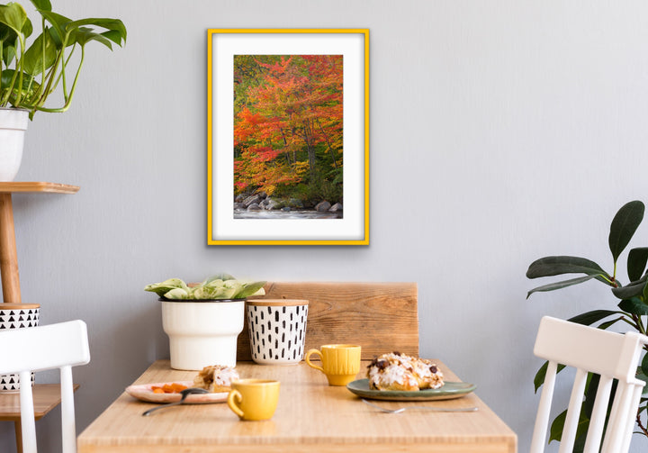 Framed nature print of bright orange and yellow trees in autumn on a wall above a dining table with food and drinks. Fine art photo from the Kancamagus Highway. 
